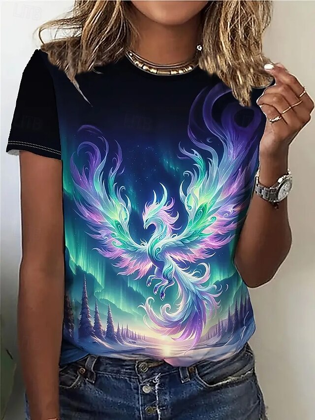  女性用 Tシャツ 夏のトップス 鳥 自然风光 クラシック カジュアル 半袖 クルーネック クロップトップ 日常 週末 プリント レインボー 夏 春 秋