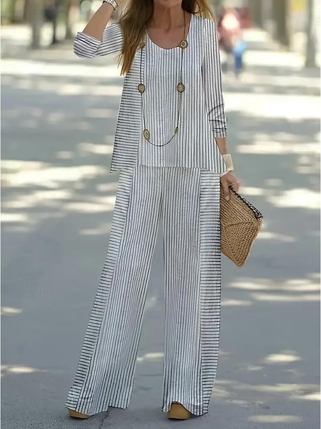  Ensemble de 2 Pièces Basique Néo  Brillant Chemise Blouse Lin Comme Manches 3/4 Col V Imprimé Rayé Décontracté Gris Été Coupe Régulière