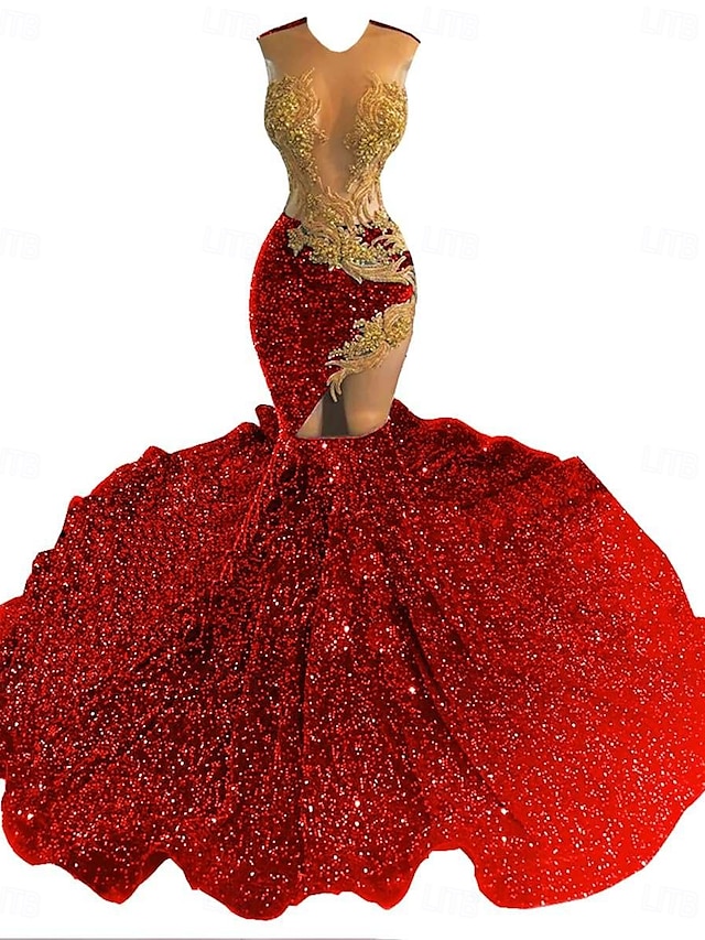  Sjøfrue  Trompet Kveldsbunad Elegant Kjole Kveldsfest Prom Sweep  Brush Tog Uten Ermer Illusjons Hals Bomull med Rhinestone Glitter Paljetter