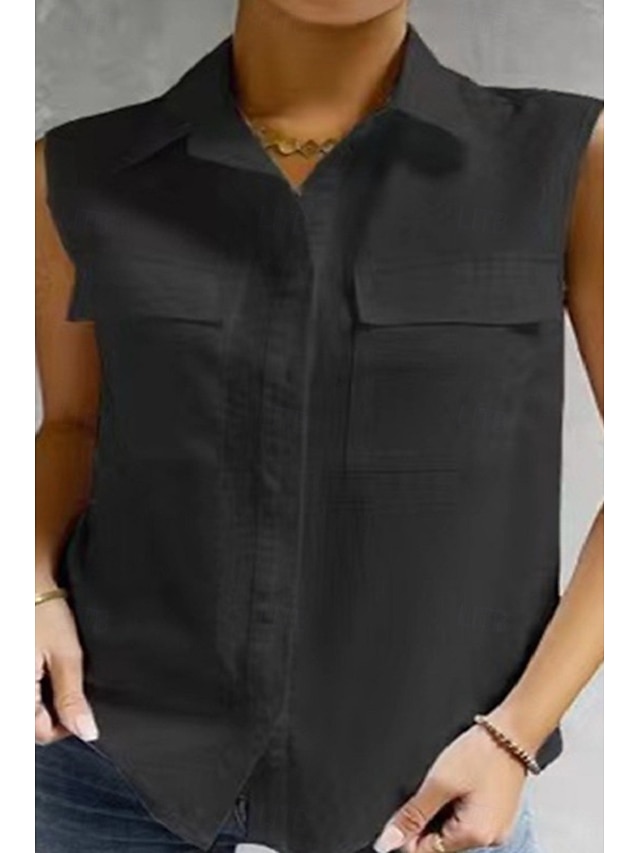  Damen Hemd Knopfleiste Bluse Einfach Basic Modern Lässig Ärmellos Hemdkragen Normale Oberteile Täglich Ausgehen Knöpfe Tasche Schwarz Weiß Leicht Blau Sommer