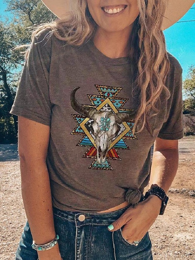  Femmes Hauts d'été Graphique Tribal Mode Western Occasionnel Manche Courte Col rond Hauts Réguliers Quotidien Sortir Week-end Patchwork Imprimé Marron Été Printemps