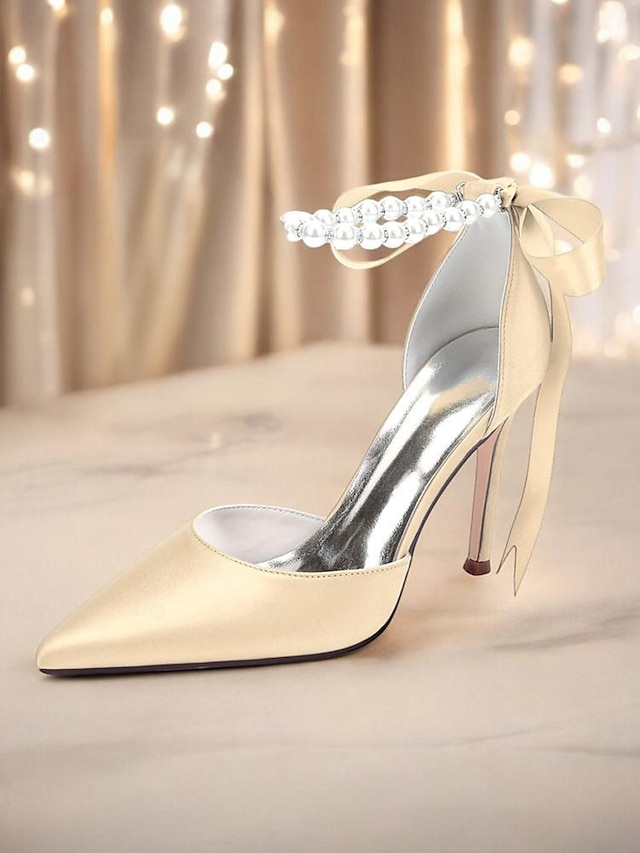  Women's Champagne Satin Wedding Heels with Pearl Ankle Strap - Elegant Bridal & Cocktail Stiletto Pumps