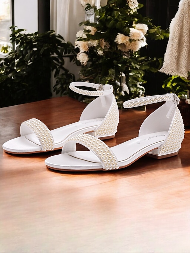  sandales de mariage plates en perles blanches pour femmes - chaussures de mariée élégantes avec bride à la cheville