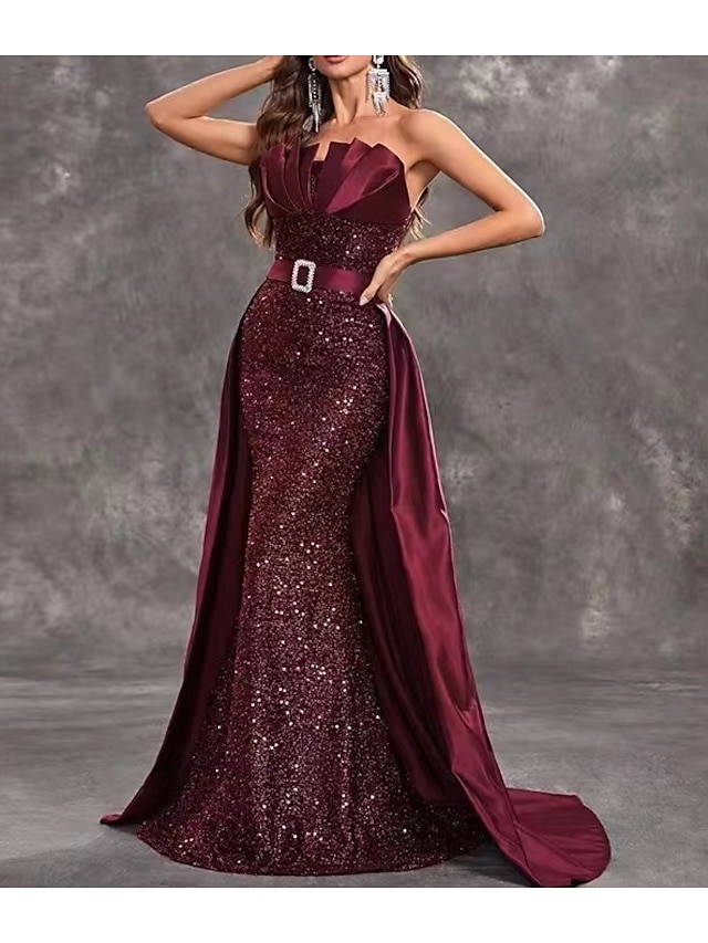  Mermaid / Trumpet Evening Gown Vintage Dress Evening Party Wedding Reception Sweep / Brush Train Sleeveless Strapless Belt / Sash Sequined Backless with Glitter Sequin