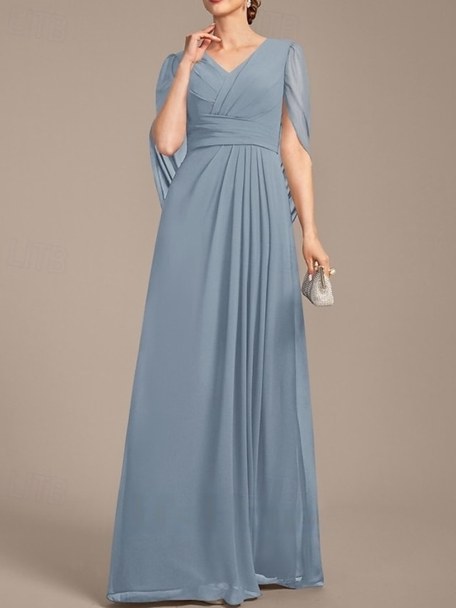  A-Linie Brautmutterkleid Hochzeitsgast Elegant V Ausschnitt Bodenlang Chiffon Kurzarm mit Falten Raffung 2025