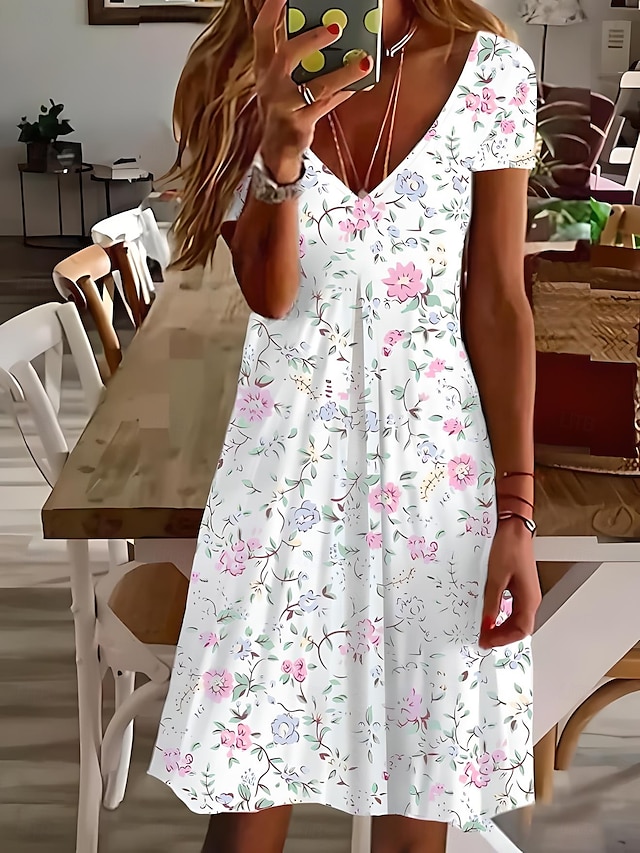  Naisten Mini Mekko A-Linjainen MekkoT-paita Mekko Tee Mekko Kesämekko Lomamukava Ranta Loma Päivittäinen Ulkona Normaalikoko Kukka Grafiikka Lyhythihainen V-kaula-aukolla Valkoinen Keltainen Kesä