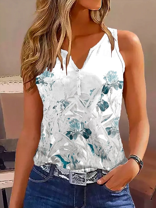  Kvinnors Camisole Tank Top Ombre Blommig Avslappnad Ärmlös Notched Hals Regular Topp Daglig Knapp Tryck Ljusblå Sommar