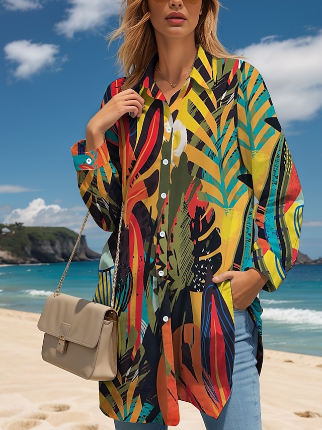  Femmes Robe Midi Robe T-Shirt Occasionnel Date Coupe Ample Graphique Feuille manche longue Col de chemise Jaune Automne Hiver