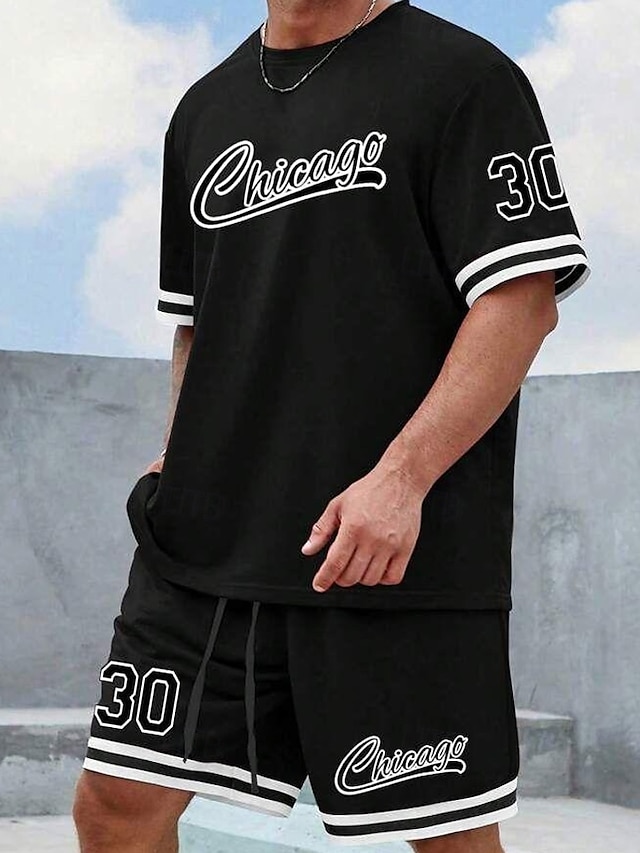  男性用 テキスト / 数値 2個 ティーセット 夏のトップス 半袖 ショートパンツ クルーネック スポーツ カジュアル アウトドア スポーツ 日常 3Dプリント 夏 ブラック