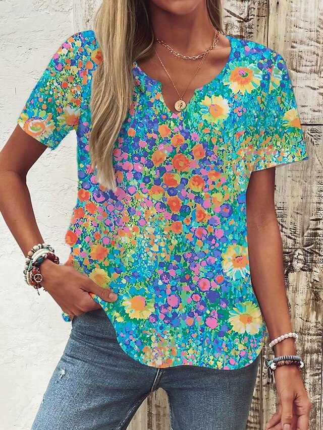 Women's T Shirt Floral Fashion Modern Short Sleeve V Neck Regular Tops Daily Print White Blue Green Summer4