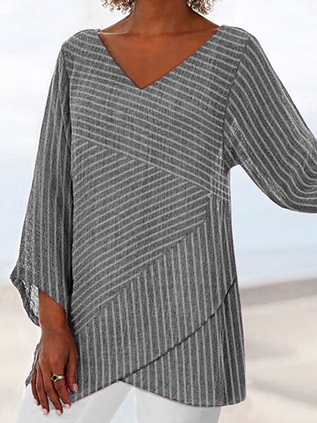 Women's Blouse Long Sleeve Asymmetrical Hem Graphic Striped Stylish Beach 3/4 Length Sleeve V Neck Regular Tops Daily Print Pink Blue Gray Spring Fall4