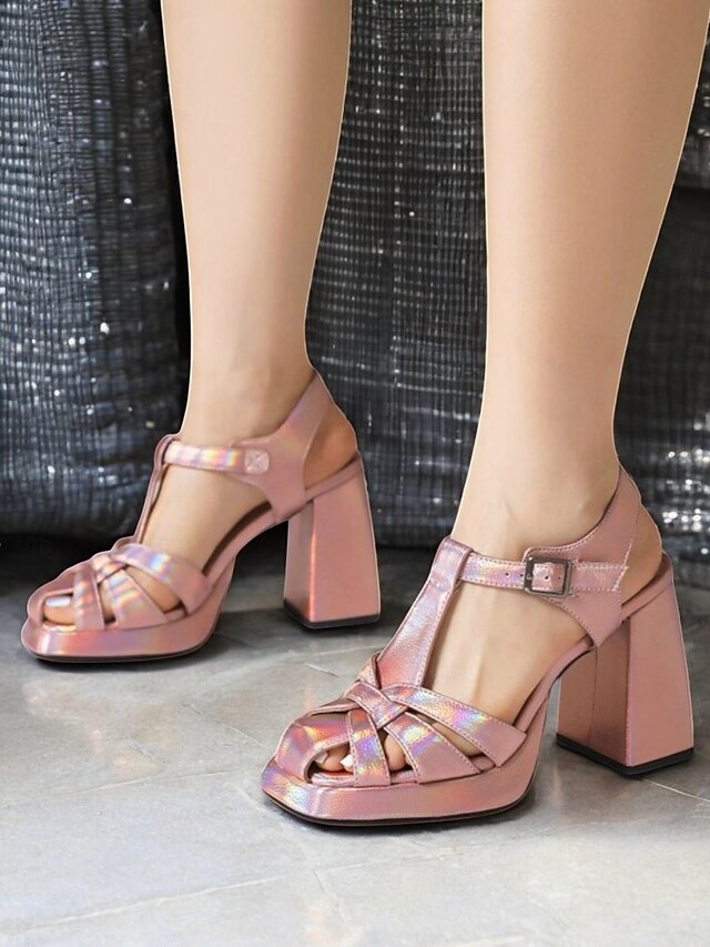  sandali con plateau rosa olografici da donna – scarpe con cinturino a T con tacco alto e spesso ispirate allo stile retrò degli anni '80 per feste, locali notturni ed eventi speciali