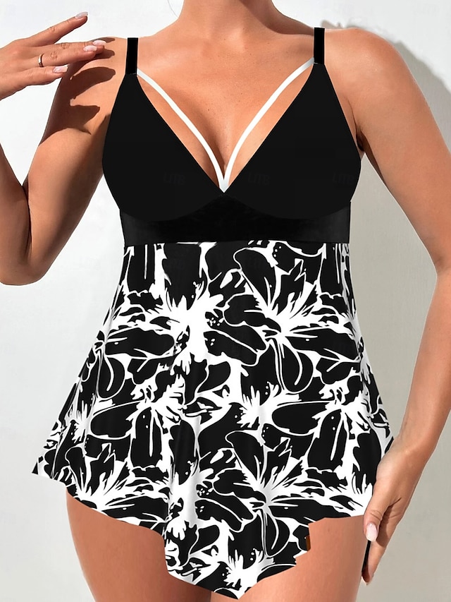  Női Extra méret Fürdőruha Bikini Tankini 2 darab Merész Fürdőruha Mély-V Push up Kötött Stílusos Strandruházat Virág Merüljön el Ujjatlan Fürdőruhák
