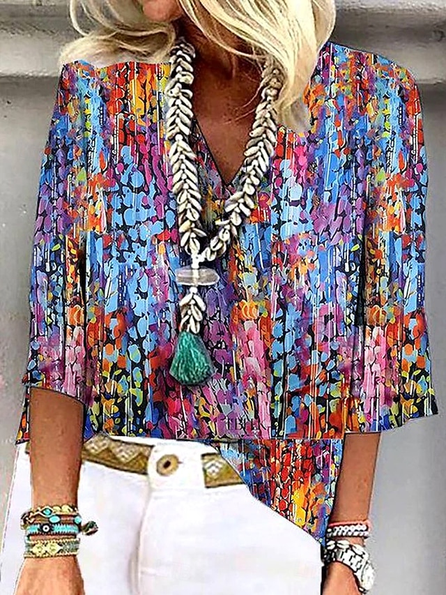  Damen Bluse Ombre Blumen Grafik Stilvoll Strand Kurzarm V Ausschnitt Normale Oberteile Täglich Druck Regenbogen Sommer Frühling