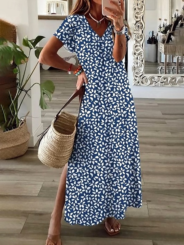  Damklänning maxi A-linjeformad klänning sommarklänning elegant semester casual semester daglig regular fit blommig grafisk prickig kort ärm V-hals dammig blå sommar vår höst