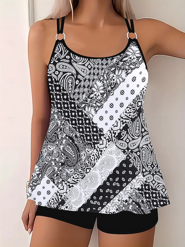  Dam Plusstorlekar Badkläder Tankini 2 st Längre baddräkt Pojkeben Baddräkt Hög midja Stickat Stylish Sportig Paisley Genomskinlig Rund hals Ärmlös Baddräkter