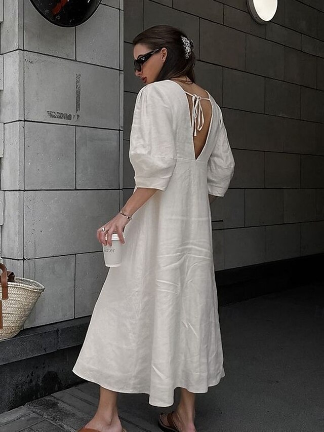  Damen Langes Kleid Maxikleid Freizeitkleid Sommerkleid Boho-Kleid Elegant Mode Basic Puffärmel Büro Geburtstag Täglich Normale Passform Einfach Halbarm Tiefer V-Ausschnitt Weiß Sommer Frühling Herbst