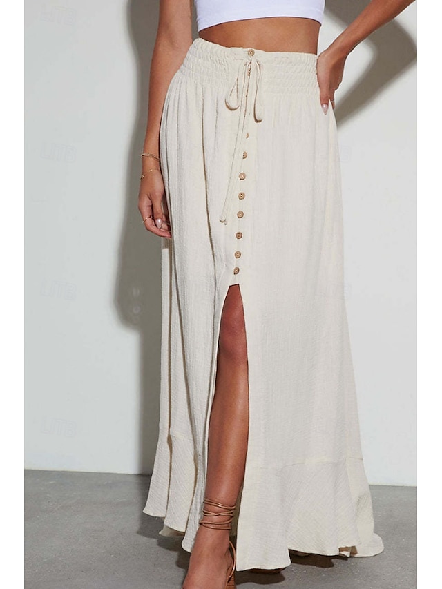  Jupes femme inspirées du lin, mode, maxi, taille mi-haute, uni, ourlet asymétrique, extrémités fourchues, micro-élastique, vacances, rue, noir, blanc, été, coton