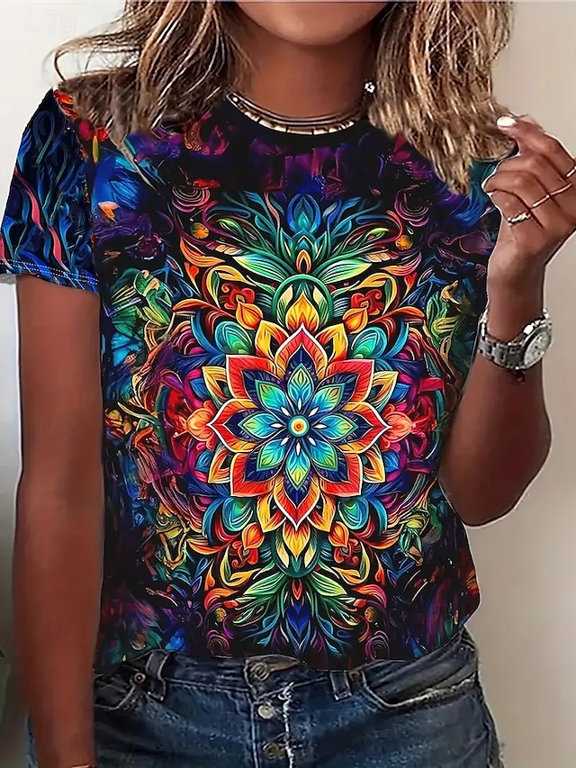  Femmes T-shirt Hauts d'été Graphique Bloc de Couleur Classique Occasionnel Manche Courte Col ras du cou Hauts courts Quotidien Week-end Imprimé Arc-en-ciel Été Printemps Automne