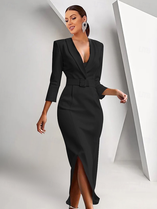  Blazer Jurk Zeemeermin  Trompet Moeder van de Bruid Jurk Crepe Tuxedo Jurk Elegant Hoge Splits Schal Lapel Vloerlengte 3/4 Mouw met Riem Effen Kleur