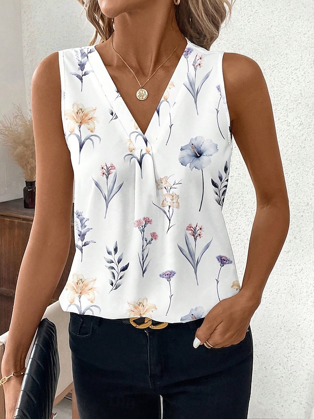  Damskie Top z ramiączkami Kwiaty Graficzny Elegancki Codzienny Bez rękawów W serek Zwykłe topy Codzienny Nadruk Biały Lato