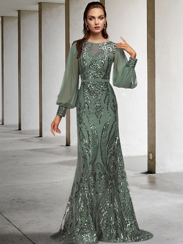  Abito madre della sposa a sirena per invitati a matrimoni elegante brillante scollo gioiello strascico/traine in chiffon maniche lunghe con applicazioni in paillettes 2025 taglia personalizzata