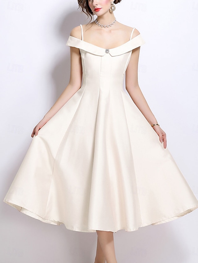  Šaty v A-linii pro večírky Elegantní šaty pro svatbu Svatební hosté Délka po čaj bez rukávů off-shoulder polyester bez zadního dílu s záhyby