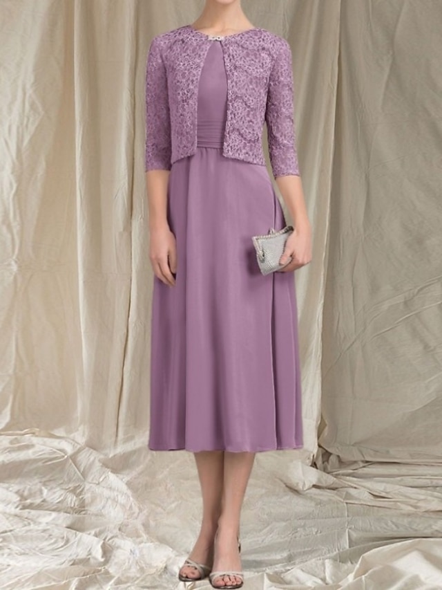  Robe Mère de la Mariée A-Line Deux Pièces Invité de Mariage Élégante Col Arrondi Longueur Thé Chiffon Dentelle Manches 3/4 avec Robe Midi Ruchée en Dentelle 2025