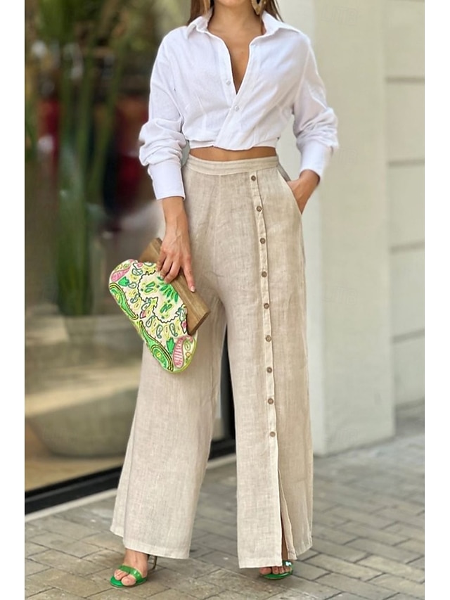  Femmes Pantalon en coton et lin Slacks Mode Streetwear Longueur complète Naturel Uni Avec Poches Extérieur Confortable Tenue quotidienne Sortir Blanche Bleu Vert Été Coupe régulière
