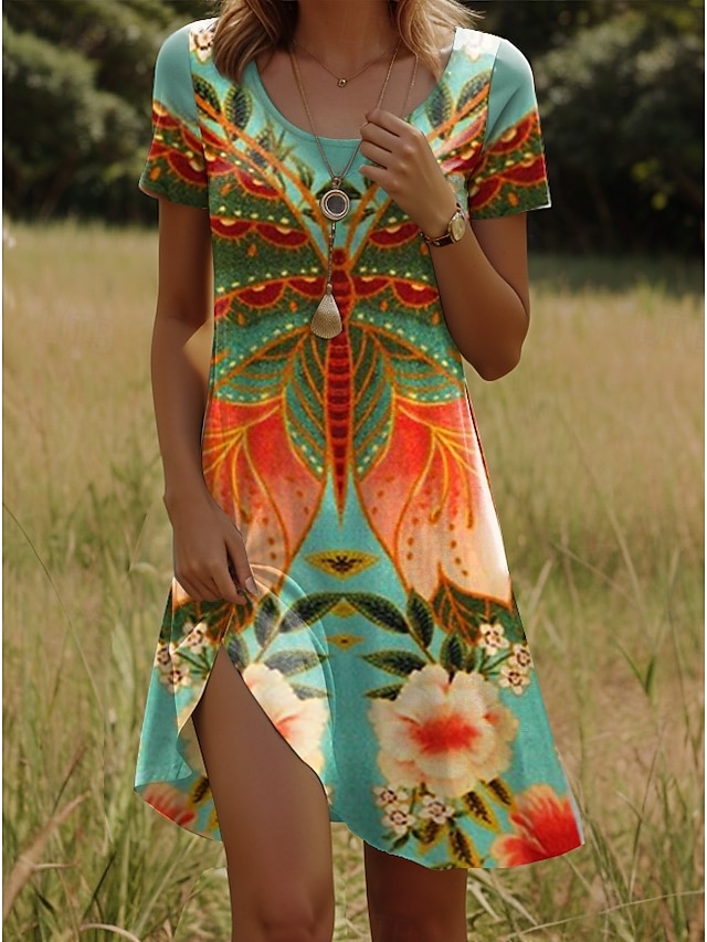  Kvinners Mini Kjole Vintage Kjole Avslappet Kjole Boho Chic Kjoler Bohemia Ferie Vintage Ferie Daglig Normal Passform Geometrisk Paisley Boho Paisley Damask Korte Ermer Crew Neck Lys