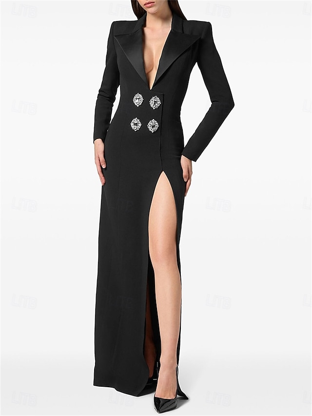  Kleid Mutter der Braut Kleid Elegant Partykleid Schwarzes Hemdkragen Bodenlänge Polyester Langärmel mit Kristallperlen