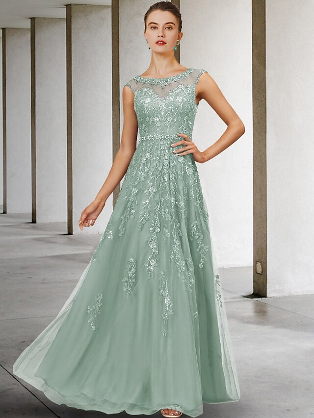 A-Line Mother of the Bride Dress Luxurious Elegant Jewel Neck Floor Length Lace Tulle Sleeveless with Sash / Ribbon Beading Sequin main image 0