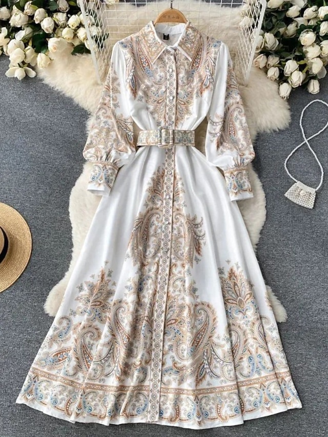  Dam Midiklänning Boho-klänning Mode Helgdag Utekväll Helgen Normal Blomma Långärmad Tröjkrage Svart Blå Aprikos Sommar