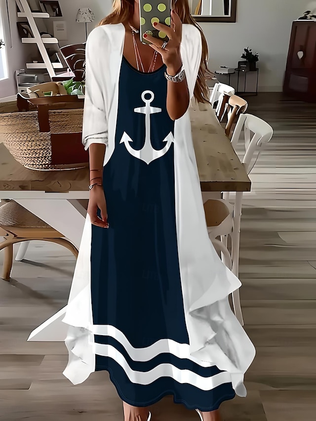  Damen Maxikleid 2 Teile Kleid Set Sundress Sommerkleid Unterkleid Urlaub Formal Boho Urlaub Lockere Passform Grafik Geometrisch 3/4 Länge Ärmel Träger V-Ausschnitt Marineblau Sommer Frühling