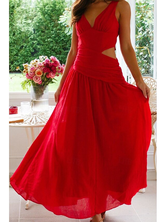  Mulheres Vestido Longo Vestido Maxi Vestido branco Vestido de formatura Moda Graduação Encontro Para Noite Normal Tecido Sem Manga Decote V Branco Vermelho Vermelho Rosa Verão