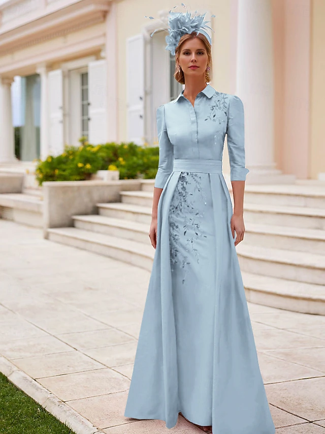 A-Line Mother of the Bride Dress Elegant Vintage V Neck Asymmetrical Satin 3/4 Length Sleeve with Lace Appliques Solid Color 12