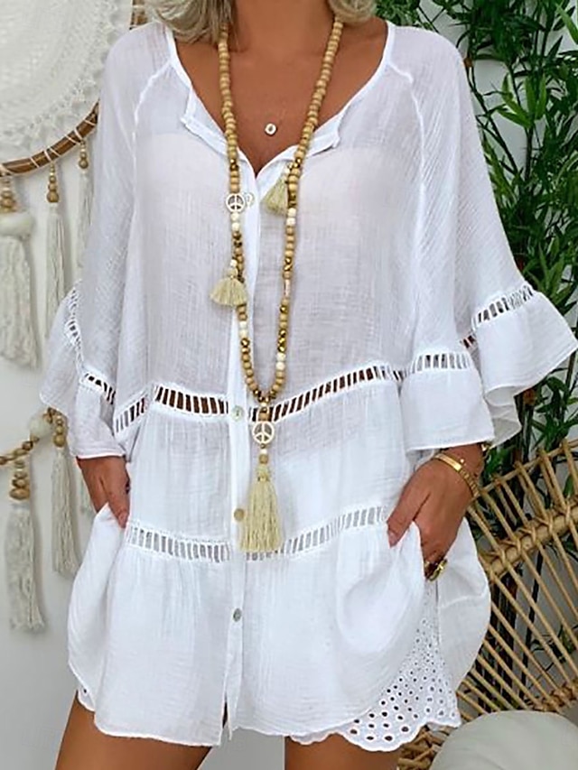  Damen Mini Kleid Shift Kleid Rüschendress Puffärmel Kleid Leinen Casual Täglich Urlaub Regelmäßige Passform Grafik 3/4 Ärmel V-Ausschnitt Weiß Gelb Rot Braun Sommer