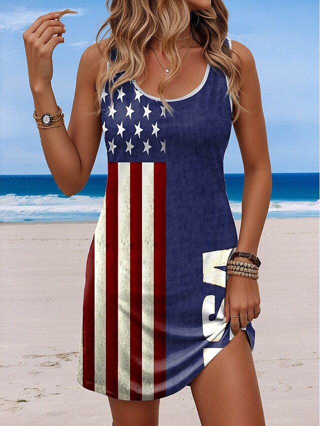  Damen Patriotisch Veteran Mini Kleid A-Linie Kleid Sommer Kleid Off-Shoulder Kleid Urlaub Lässig Täglicher Lockere Passform Grafik Flagge Ärmellos U-Hals Blau Sommer