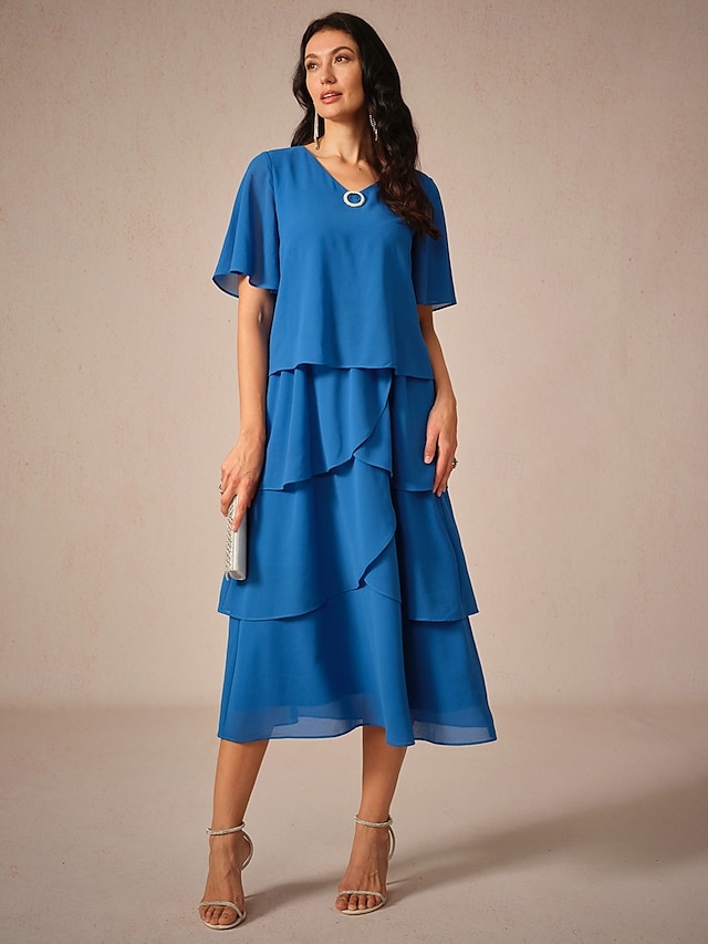  Dámské Šaty ke kolenům Šifonové šaty Elegantní stylové Splývavý Svatební Svatební host Volný Pevná barva Krátký rukáv Do V Královská modř Léto Jaro