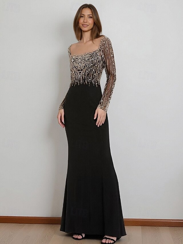  Meerjungfrau/Trompete Abendkleid elegantes Kleid formelle Abendparty bodenlang Langarm quadratischer Ausschnitt Stretch-Crêpe mit Perlenkristallen 2025