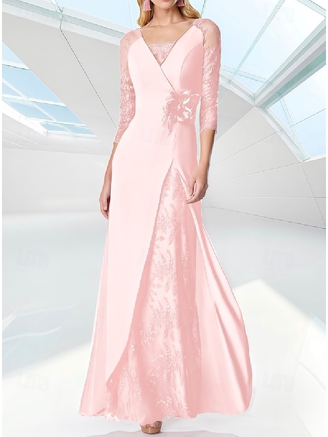  Robe de Soirée A-Line de Mariage à la Plage Robe Élegante Robe Formelle Longueur de Sol Manche 3/4 Col en V Invité de Mariage d'Automne Chiffon avec Broderie 2025