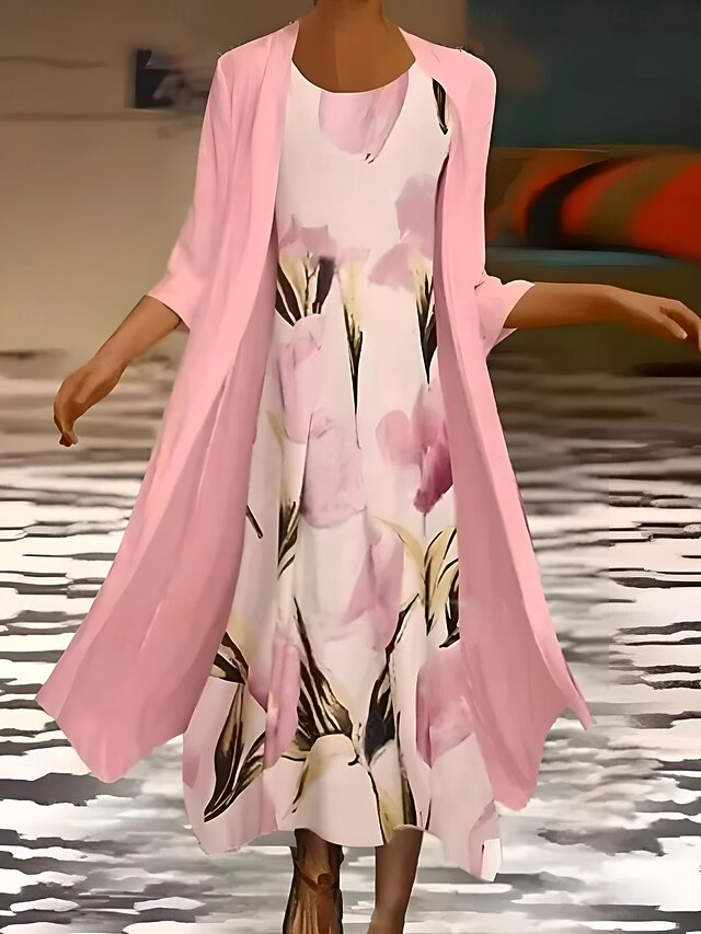 Women's Maxi Dress Summer Dress Vacation Casual Cocktail Wedding Guest Birthday Daily Regular Fit Ombre Floral 3/4 Length Sleeve Crew Neck Pink Summer Spring4