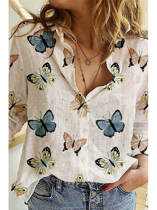 Pentru femei Cămașă Bluză Fluture Floare Modern Casual Manșon Lung Guler Cămașă Topuri obișnuite Concediu Ieșire Nasturi Imprimeu Alb Albastru piscină Kaki Bej Albastru Deschis Vară