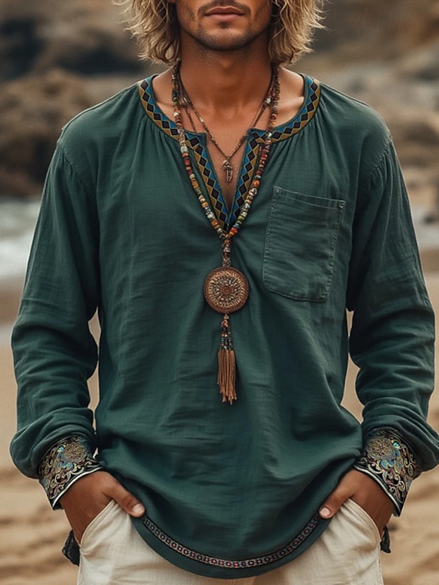  Homme Chemise Chemise Lin Chemisette Chemise d'été Chemise de plage Couleur unie Vacances Usage quotidien Vert manche longue Vêtement Tenue