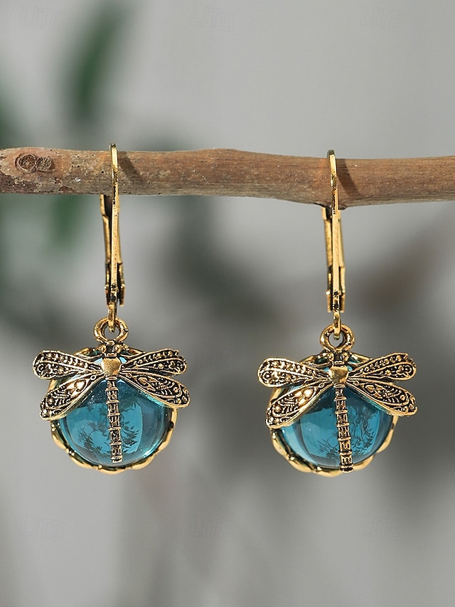  Pendientes colgantes de libélula Intage para mujer: pendientes bohemios chapados en oro con cuentas de vidrio azul, joyas inspiradas en la naturaleza para ocasiones informales, fiestas y regalos.