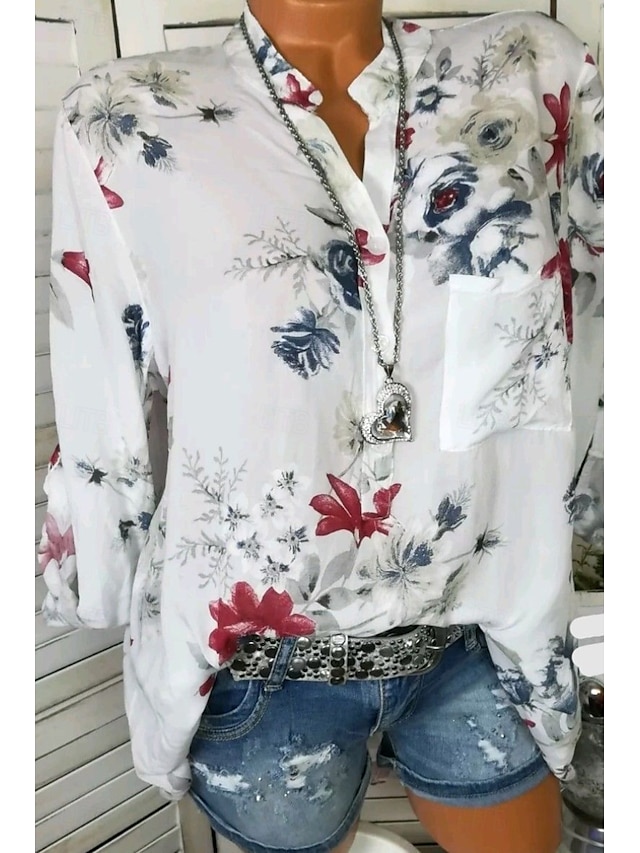  Per donna Camicia Camicie ispirate al lino Blusa Fiore Elegante Manica Lunga Scollo a V Top Regolari Quotidiano Uscire Stampato Bianco Rosa Blu Estate