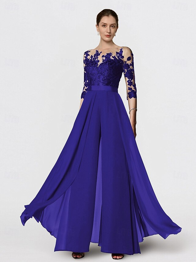 Jumpsuits Scoop Neck Long Sleeve Ankle Length Mother Of The Bride Dresses with Lace