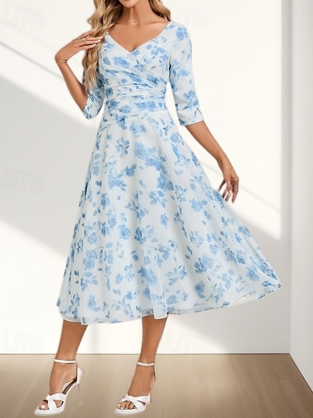 Φόρεμα ΜπράιντςΜέιντ A-Line V Neck Μισό Μανίκι Επίσημο Tea Length Chiffon με Ράψιμο