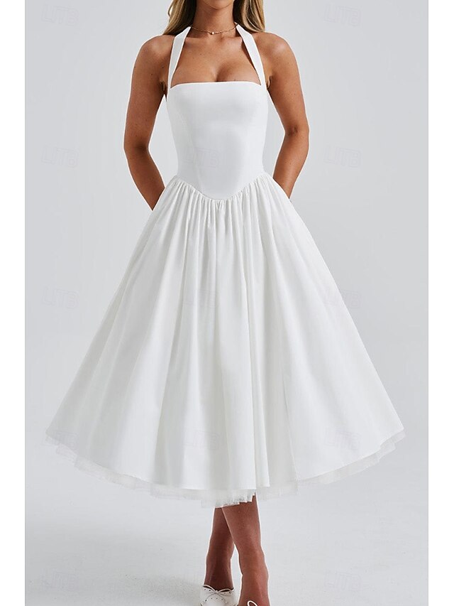 Women's Midi Dress White Dress Graduation Dress Elegant Fashion Outdoor Vacation Party Dress