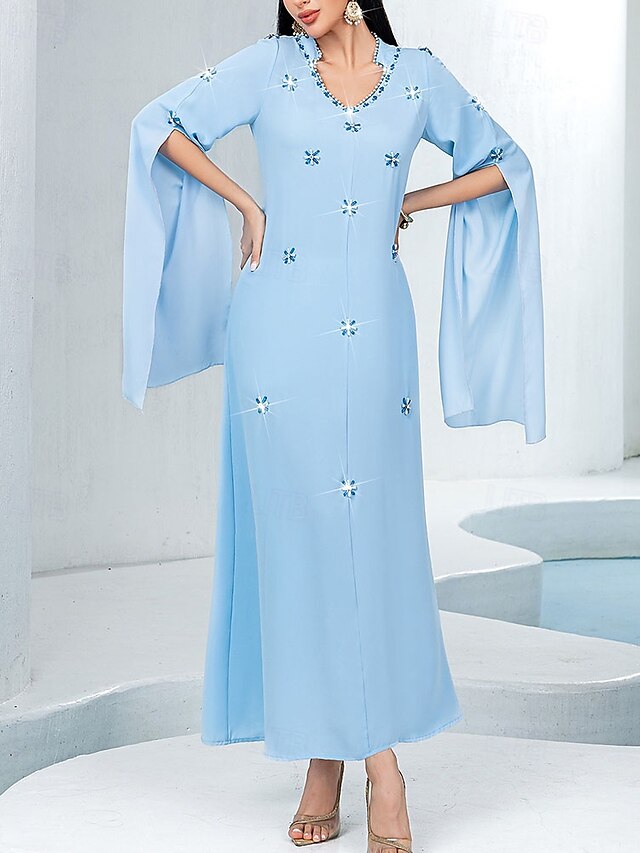  Kleid Brautmutterkleid Elegant Lässig V Ausschnitt Bodenlang Polyester Langarm mit Knöpfe 2025